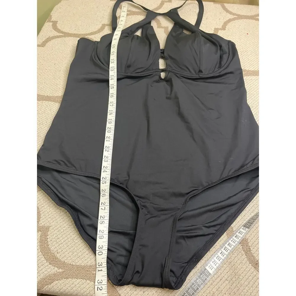 City Chic Cancun Underwire one-piece swimsuit black plunging neckline,size large